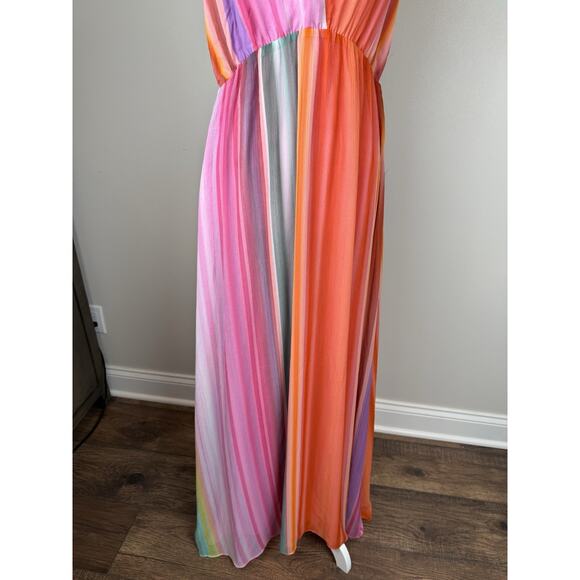 MNG by Mango Rainbow Striped Halter Maxi Dress Tie V-neck Sz 6 - Picture 9 of 11